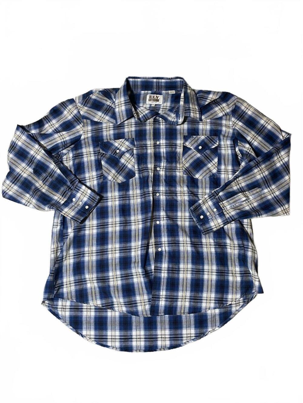 Ely Cattleman Men’s XXL Blue/Yellow Long Sleeve Pearl Snap Button Down-106